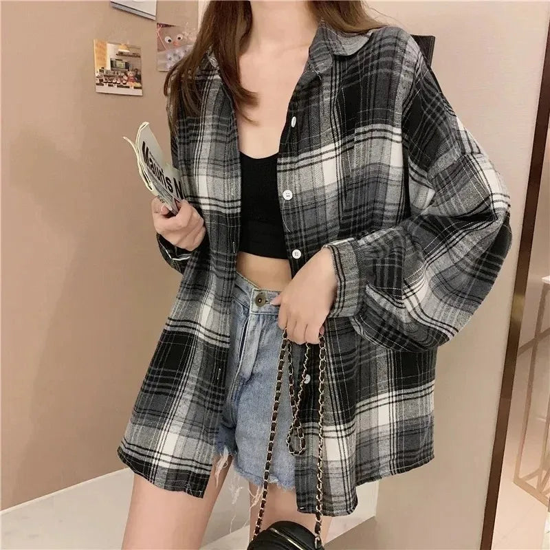 Ora Shirt Women Fashion Autumn Long Sleeve Top Female Vintage Single Breasted Blouse Ladies Preppy Style Loose Check Shirts