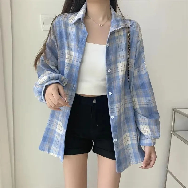 Ora Shirt Women Fashion Autumn Long Sleeve Top Female Vintage Single Breasted Blouse Ladies Preppy Style Loose Check Shirts