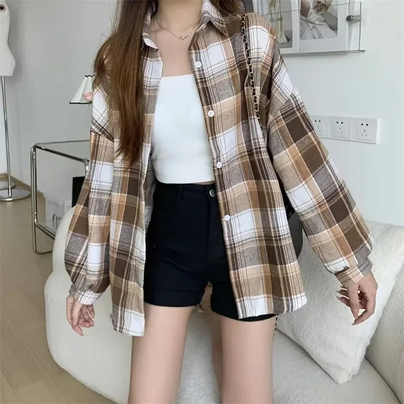 Ora Shirt Women Fashion Autumn Long Sleeve Top Female Vintage Single Breasted Blouse Ladies Preppy Style Loose Check Shirts