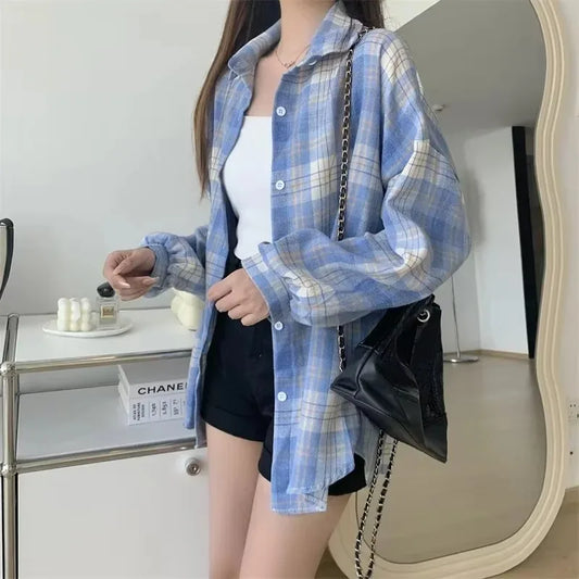 Ora Shirt Women Fashion Autumn Long Sleeve Top Female Vintage Single Breasted Blouse Ladies Preppy Style Loose Check Shirts