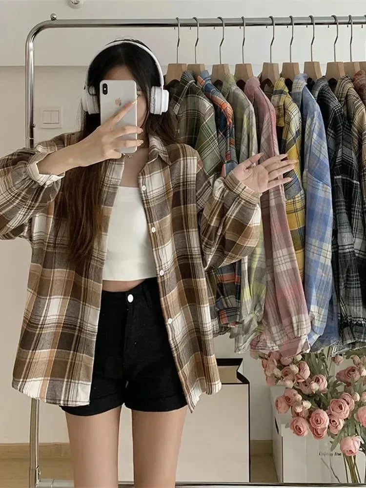 Ora Shirt Women Fashion Autumn Long Sleeve Top Female Vintage Single Breasted Blouse Ladies Preppy Style Loose Check Shirts